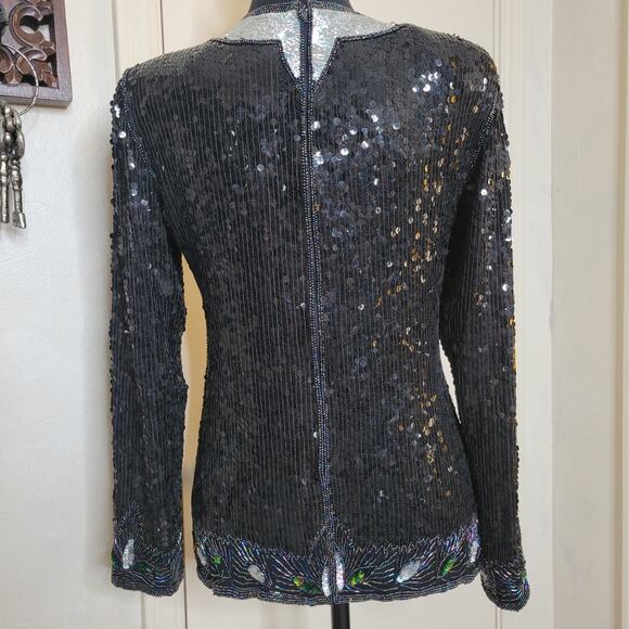 VTG Hina Trading Co. Silk Sequin Beaded Irredescent Long Sleeve Formal Blouse✨️M - Picture 3 of 16